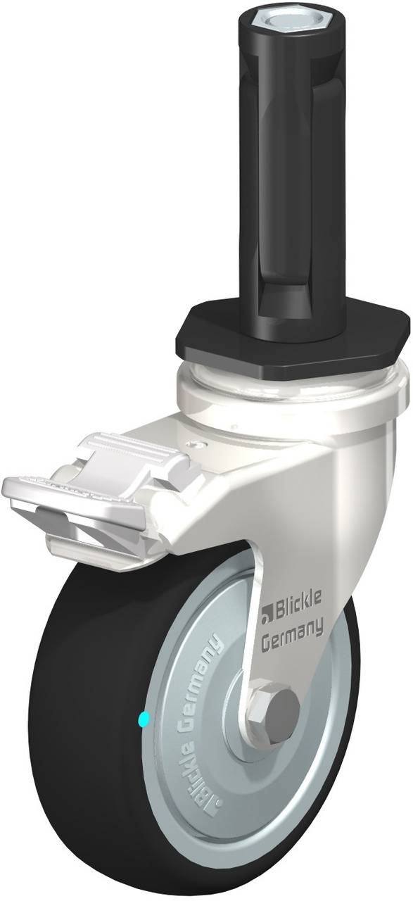 Industrie-Schwenkrolle mit schwarzem Rad und silberner Halterung, Aufschrift 'Blickle Germany'.