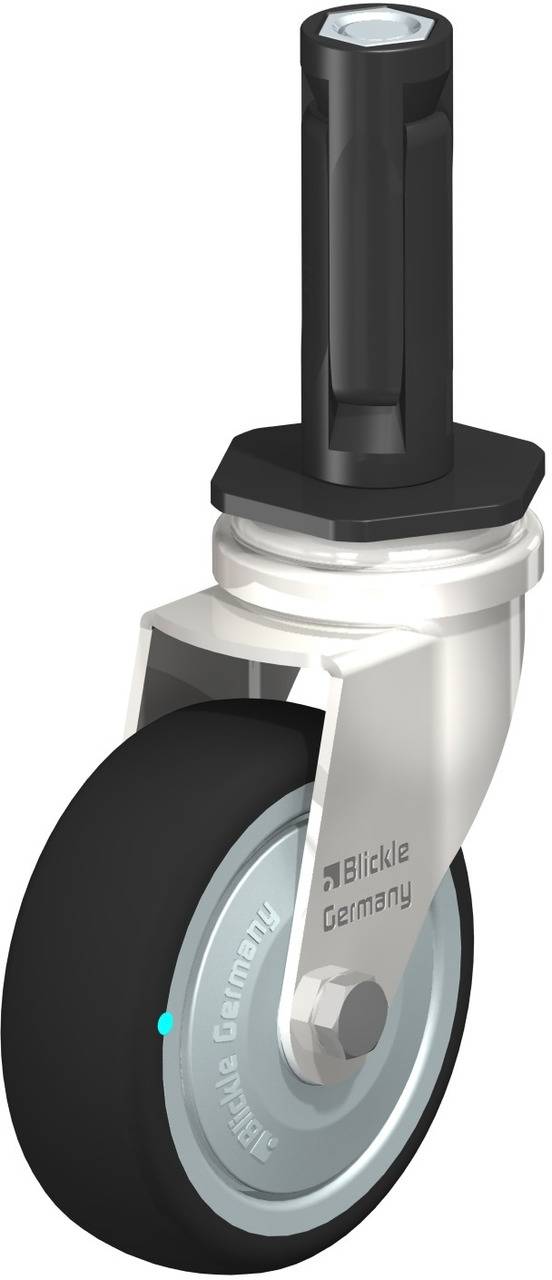 Schwenkbare Rolle mit schwarzem Reifen und silbernem Rad, geeignet für Möbel oder Geräte, mit der Aufschrift 'Blickle Germany'.