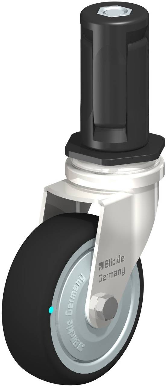 Schwenkrolle mit schwarzem Rad und Bolzen. Marke 'Blickle Germany' auf der Gabel sichtbar. Verwendet für Mobilität in Geräten oder Möbeln.