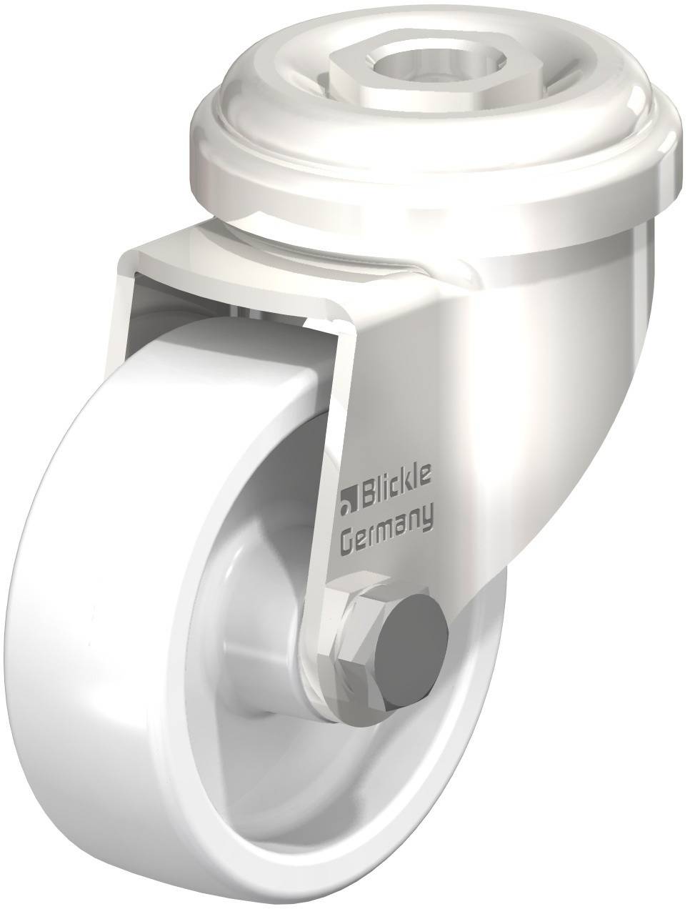 Industrie-Schwenkrolle aus Metall mit weißem Rad, Aufschrift 'Blickle Germany' sichtbar. Geeignet für Geräte- und Transportanwendungen.