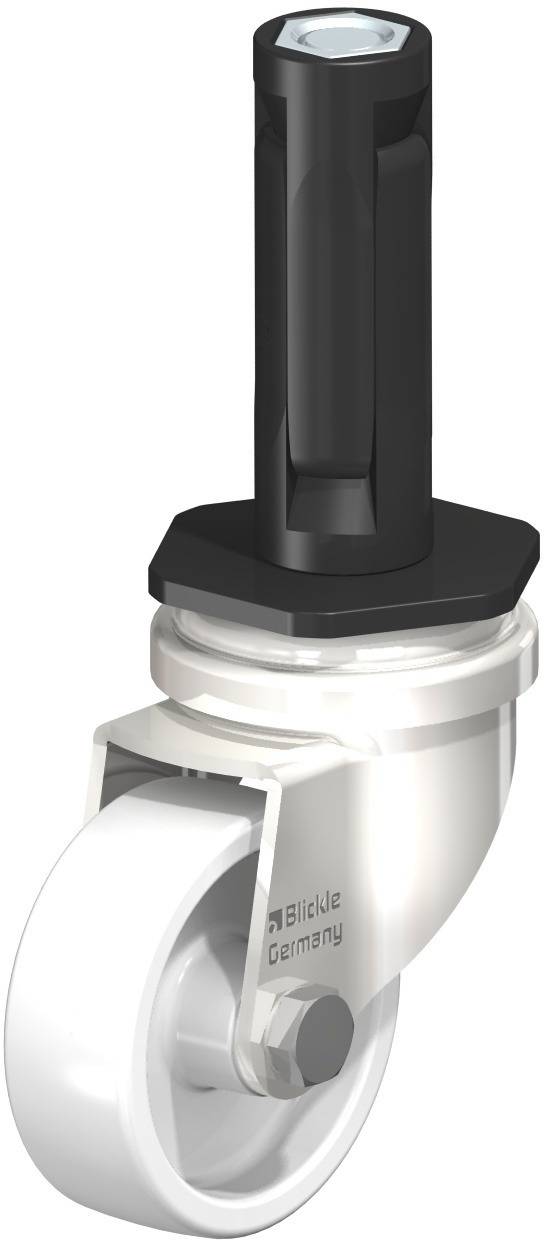 Weißes Lenkrolle mit schwarzem Stift und Gewinde, geeignet für Möbel oder Industrieanwendungen. Aufschrift: 'Blickle Germany'.