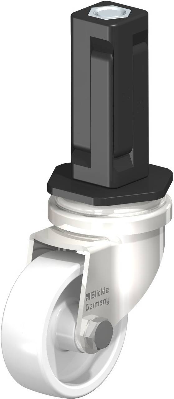 Einzelnes Lenkrollenrad mit schwarzem, sechseckigem Befestigungszapfen. Rad und Gehäuse in silber und weißem Design.