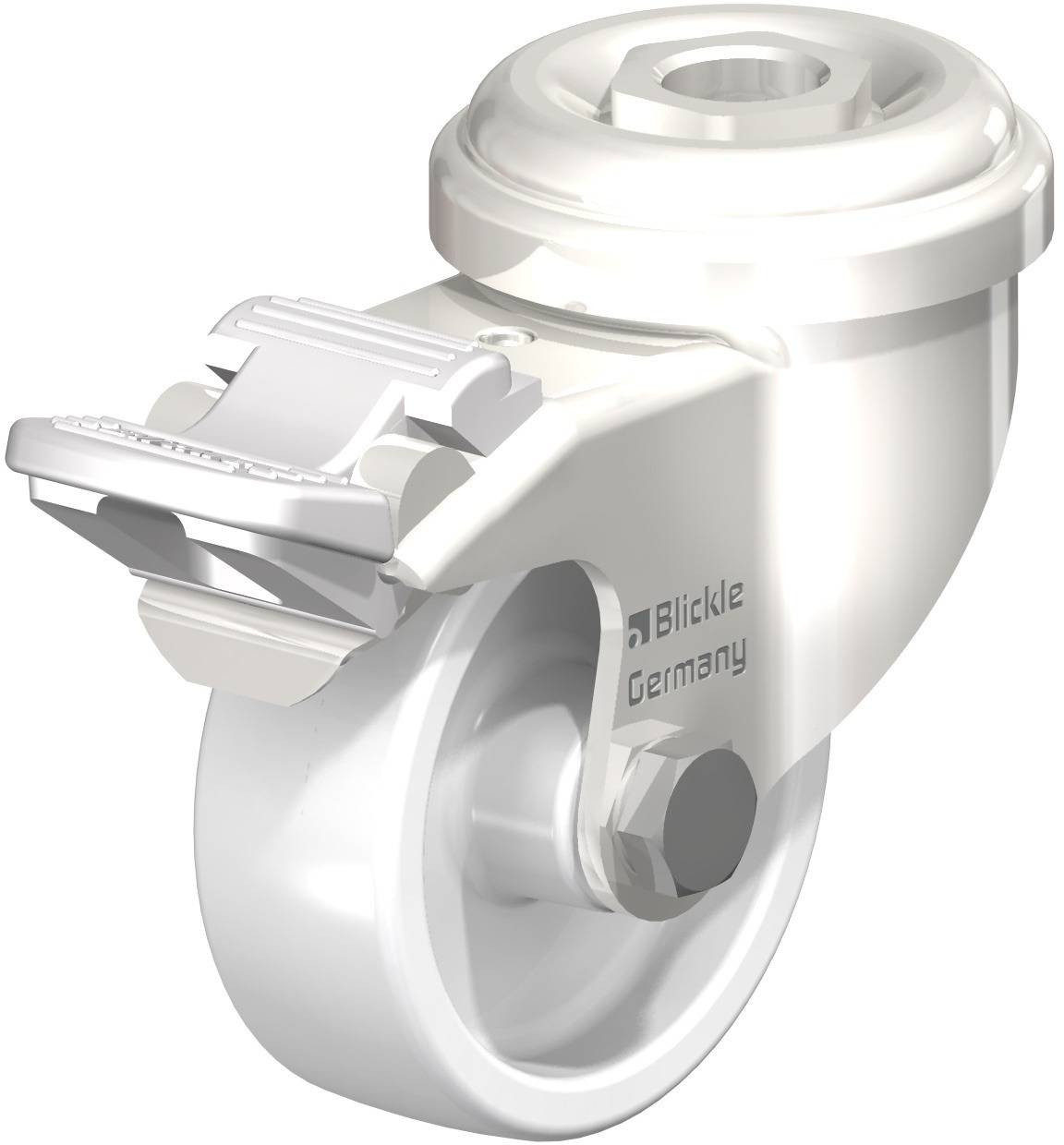 Weißes Drehrollenlager mit Bremse und 'Blickle Germany' Schriftzug, für Möbel oder Transportgeräte geeignet.