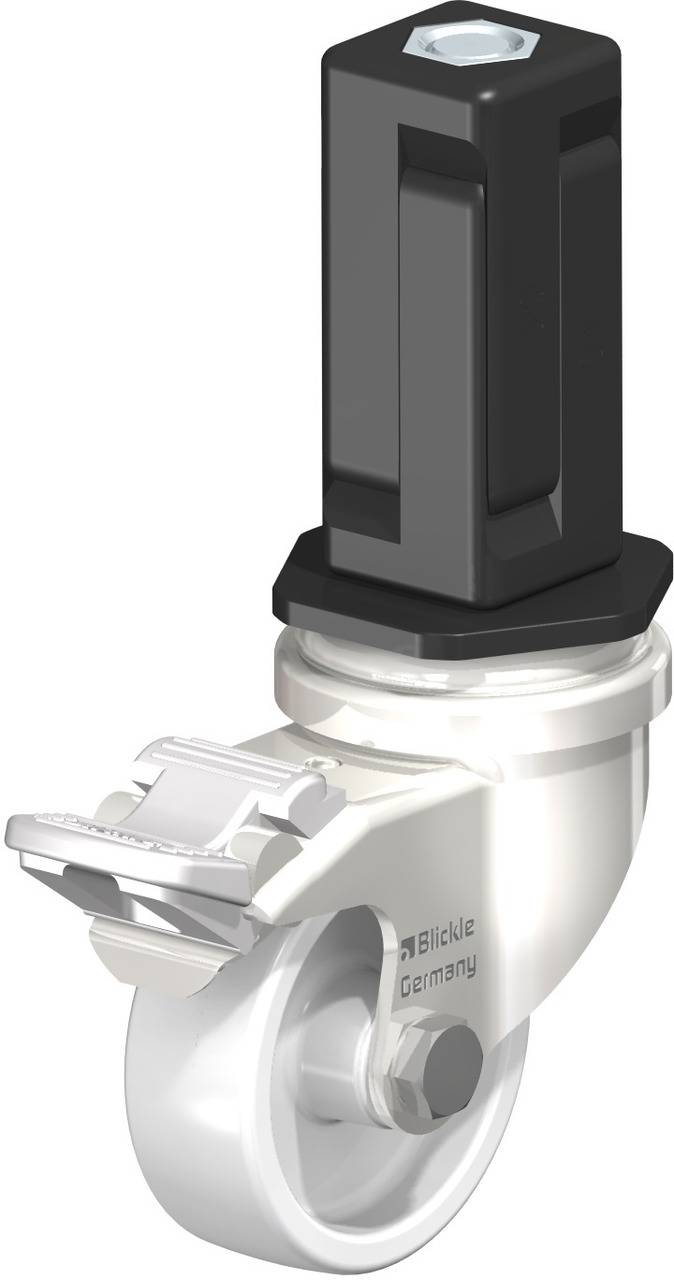 Lenkrolle mit metallischem Gehäuse und Bremsmechanismus, markiert mit 'Blickle Germany'. Enthält sechseckige Schraube oben.
