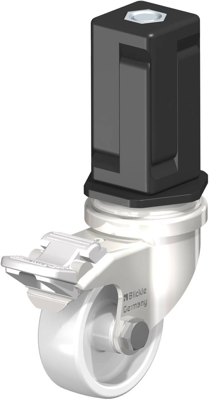 Industrielle Rolle mit schwarzem Gehäuse und silbernem Rad, geeignet für schwere Lasten. Markenname 'Blickle Germany' sichtbar.