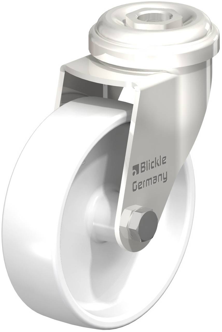 Weißes Rollenrad mit silberner Halterung, Aufschrift 'Blickle Germany' an der Seite. Entworfen für leichte Mobilität und Stabilität.