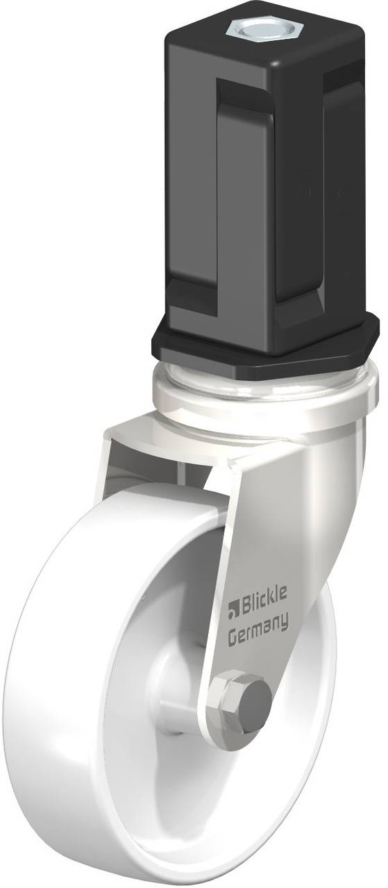Schwenkrolle von Blickle Germany mit weißem Rad und schwarzem Gehäuse, geeignet für industrielle Anwendungen.