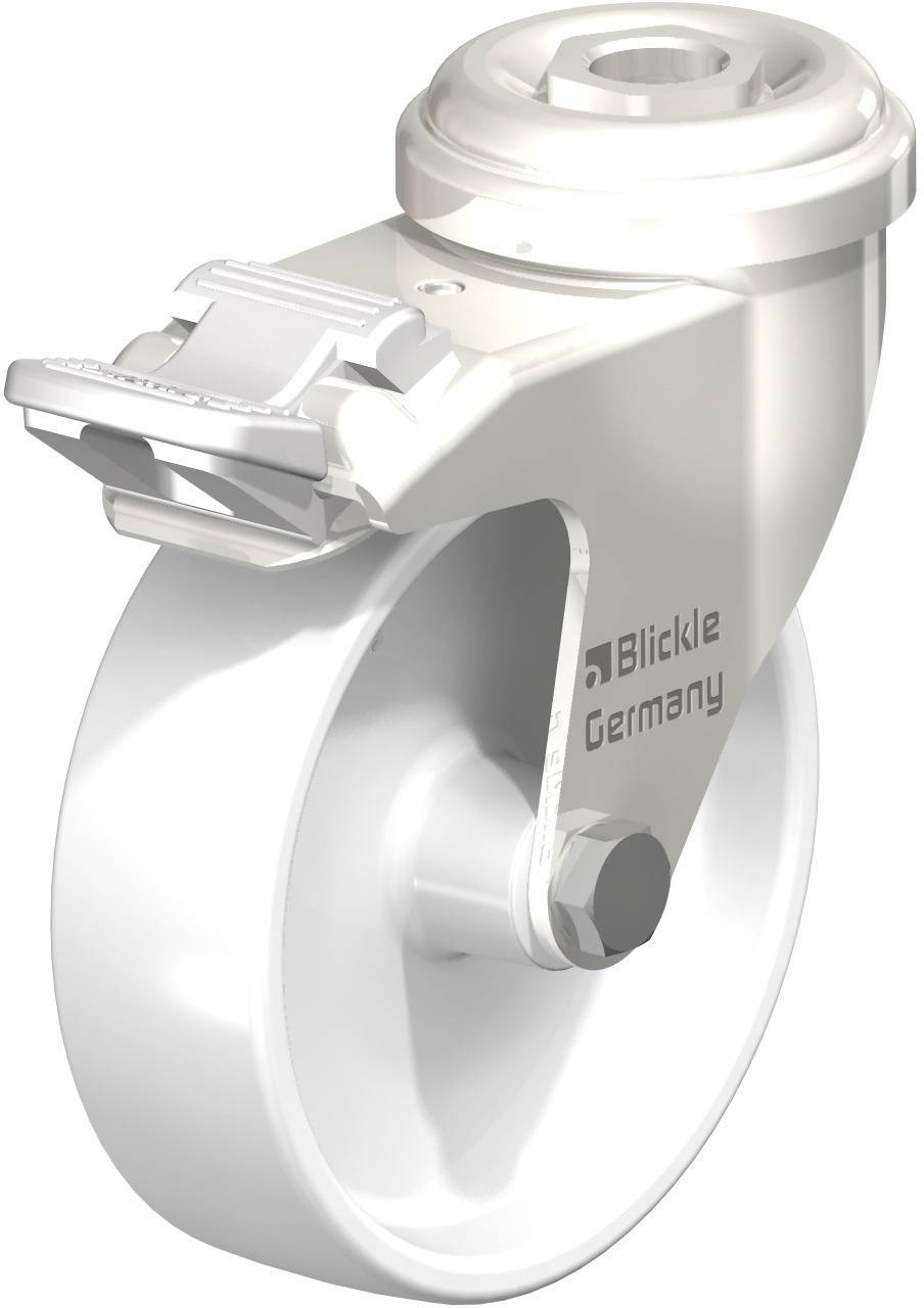 Industrie-Lenkrolle aus Metall mit Kunststoffrad und Bremse, seitlich beschriftet mit 'Blickle Germany'.