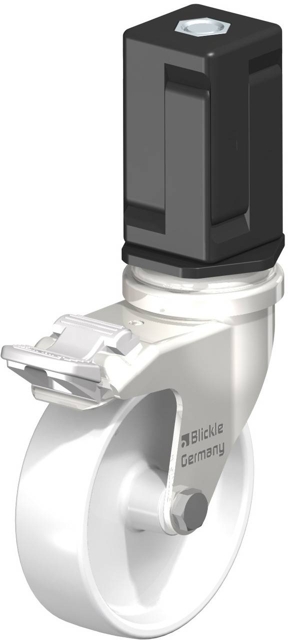 Lenkrolle von Blickle mit weißem Rad, Metallgabel und schwarzem Drehgehäuse. Für Transport- oder Möbelwagen geeignet.