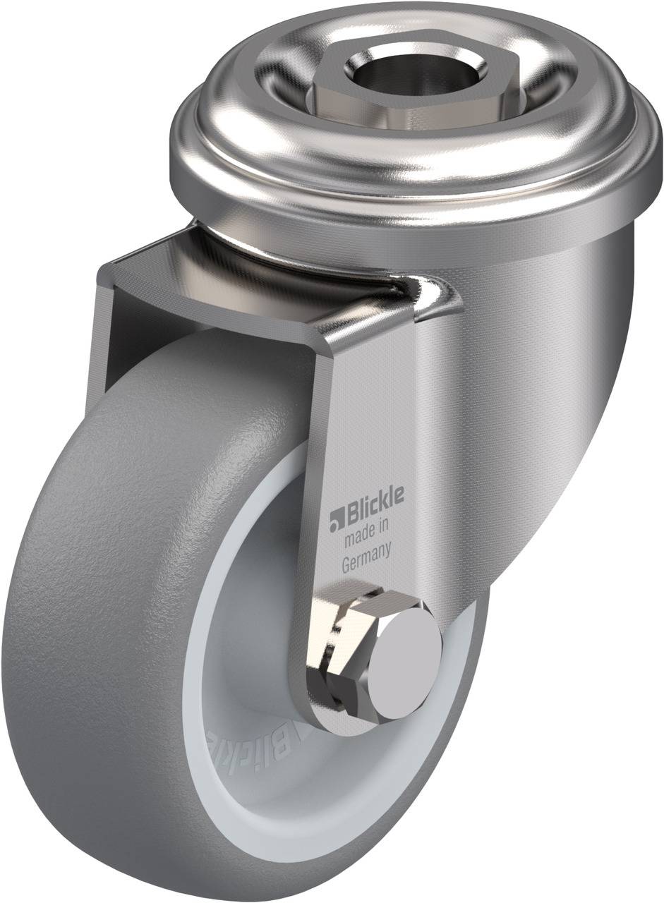 Graue Lenkrolle aus Metall und Kunststoff, für Industrieanwendungen. Markenname 'Blickle' und Herkunft 'Made in Germany' sichtbar.