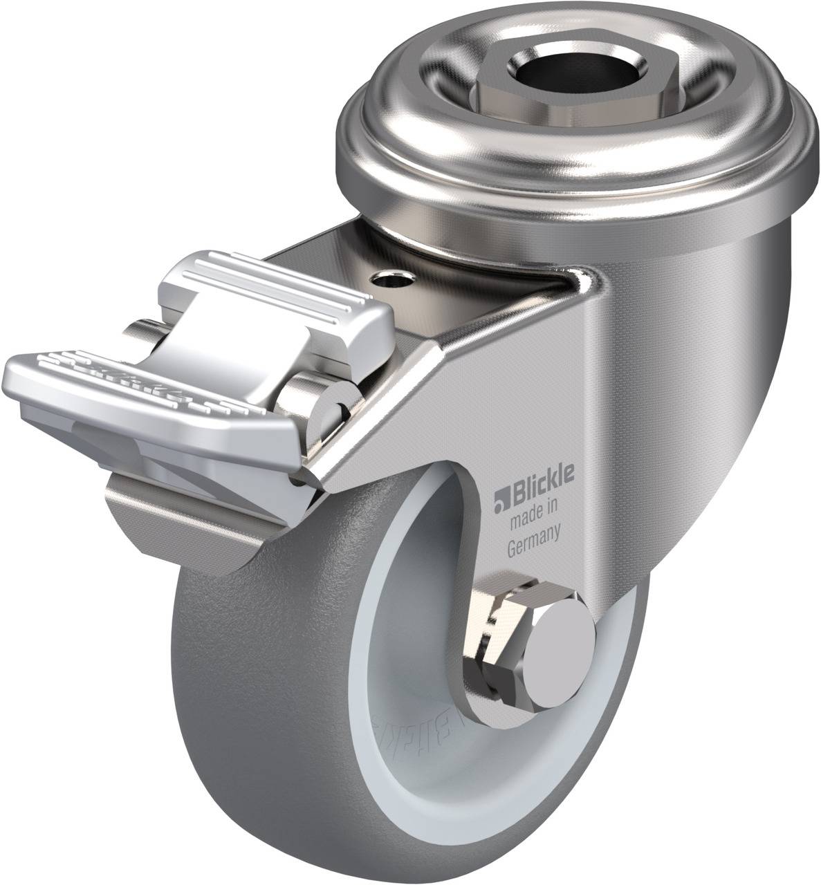 Metallisches Schwenk-Rad mit grauem Gummi-Laufreifen und Feststeller, hergestellt in Deutschland von der Firma Blickle.