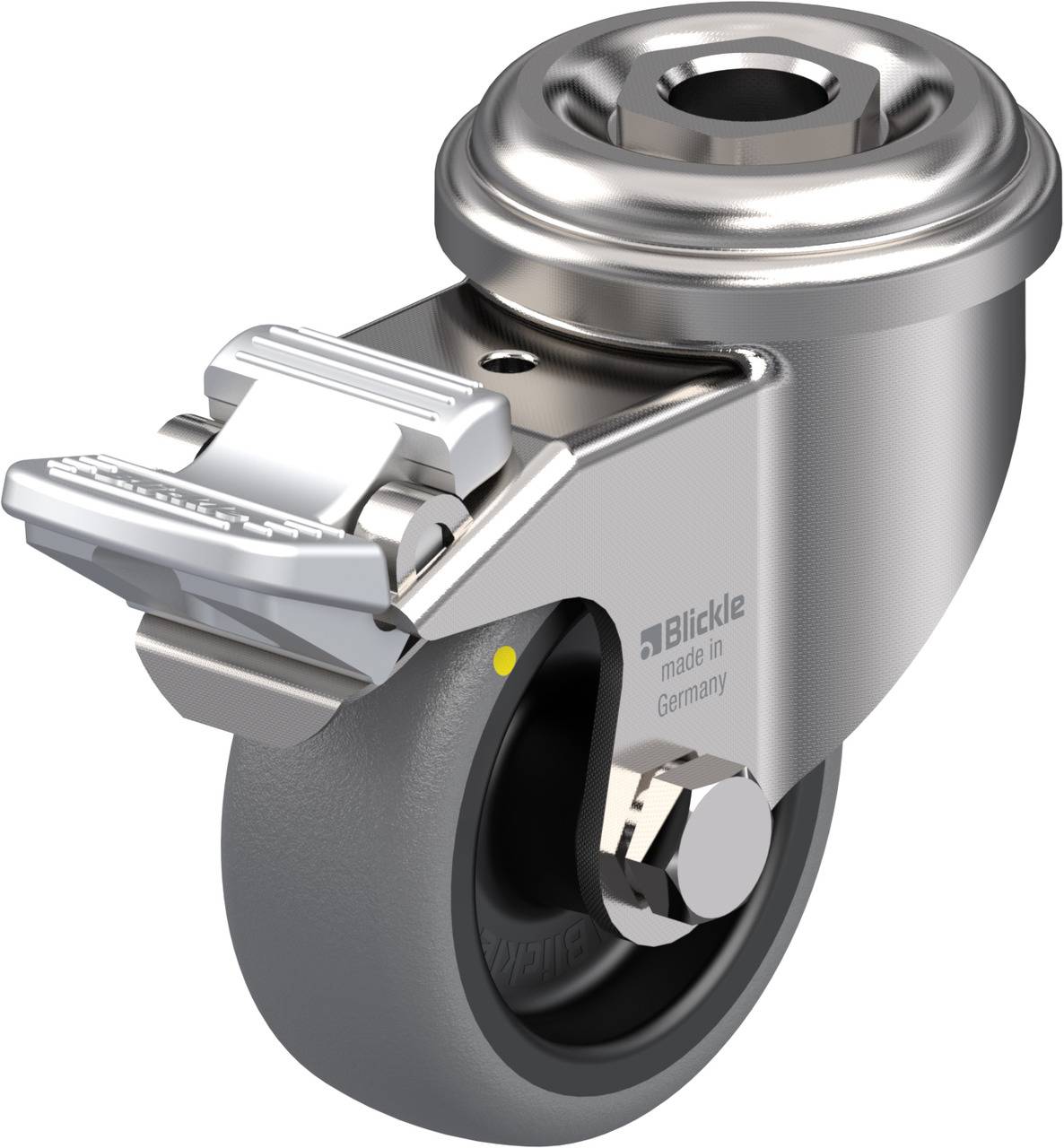 Lenkrolle aus Metall mit grauem Rad, Bremse oben, Aufschrift 'Blickle made in Germany', für Möbel oder Industrieanwendungen.