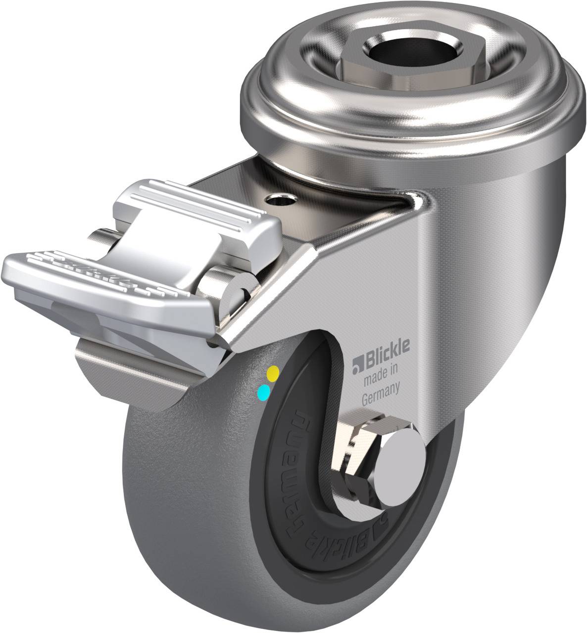 Rolle aus Metall und Gummi mit Bremse. Hergestellt von 
