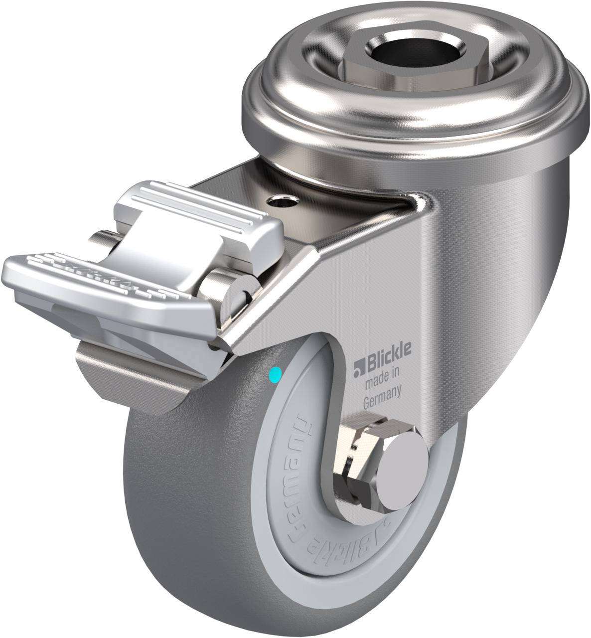 Industrie-Rolle auf grauem Hintergrund, zeigt Metallrahmen mit Rad, Hebel und Aufschrift 'Blickle made in Germany' auf der Seite.
