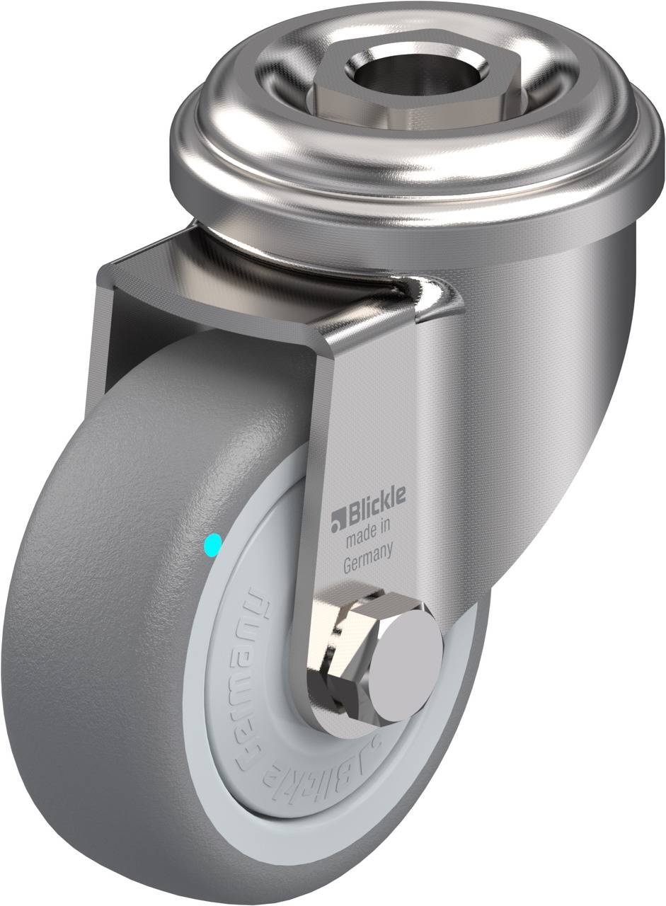 Industrie-Lenkrolle aus Metall mit grauem, gerilltem Rad, Bolzenbefestigung und Kugellager. Aufschrift: 'Blickle made in Germany'.