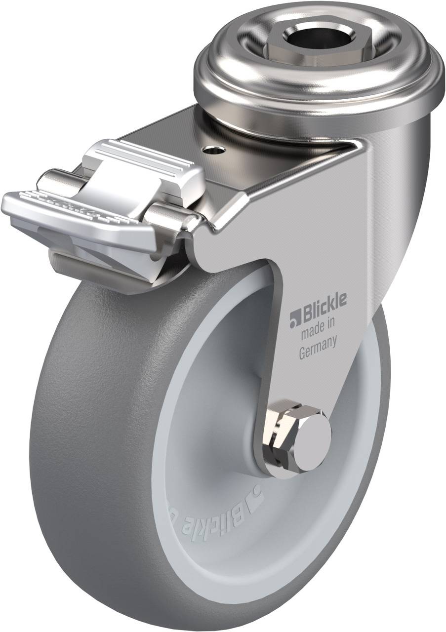 Rollenrad aus Metall und Gummi, hergestellt in Deutschland, mit einem Drehgelenk zum Befestigen an Möbeln oder Geräten.