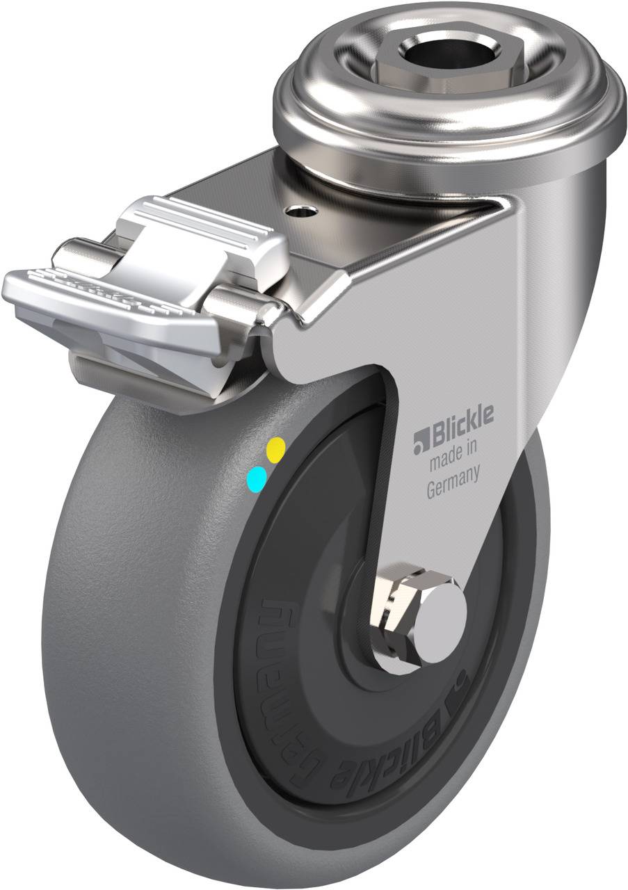 Metallisches Lenkrollenrad mit grauem Gummi, Seitenfeststeller oben. Hersteller 'Blickle' eingraviert.