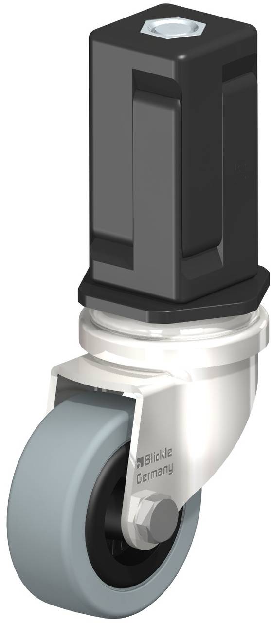Schwenkrolle mit grauem Rad und schwarzem Gehäuse, seitlich gezeigt. Beschriftung 'Blickle Germany'. Verwendet zur leichten Mobilität von Objekten.