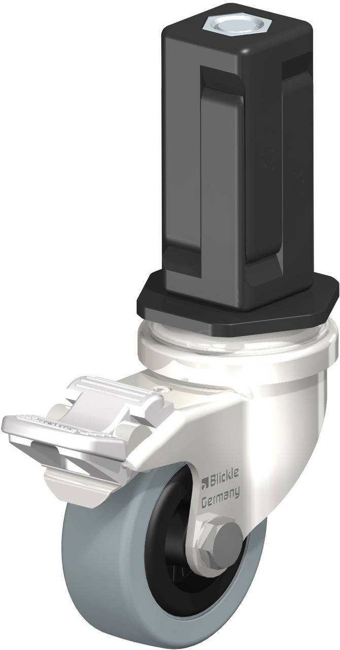 Schwenkrolle mit Bremse und sechseckigem, schwarzem Sockel, geeignet für Transportwagen. Gehäuse aus Metall, Rad aus Kunststoff.