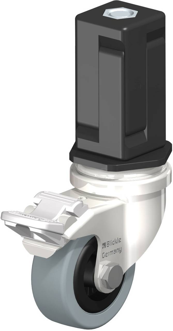 Ein schwenkbares Rad mit grauem Rad, silberner Halterung und schwarzer Befestigung, geeignet für Möbel oder Geräte.