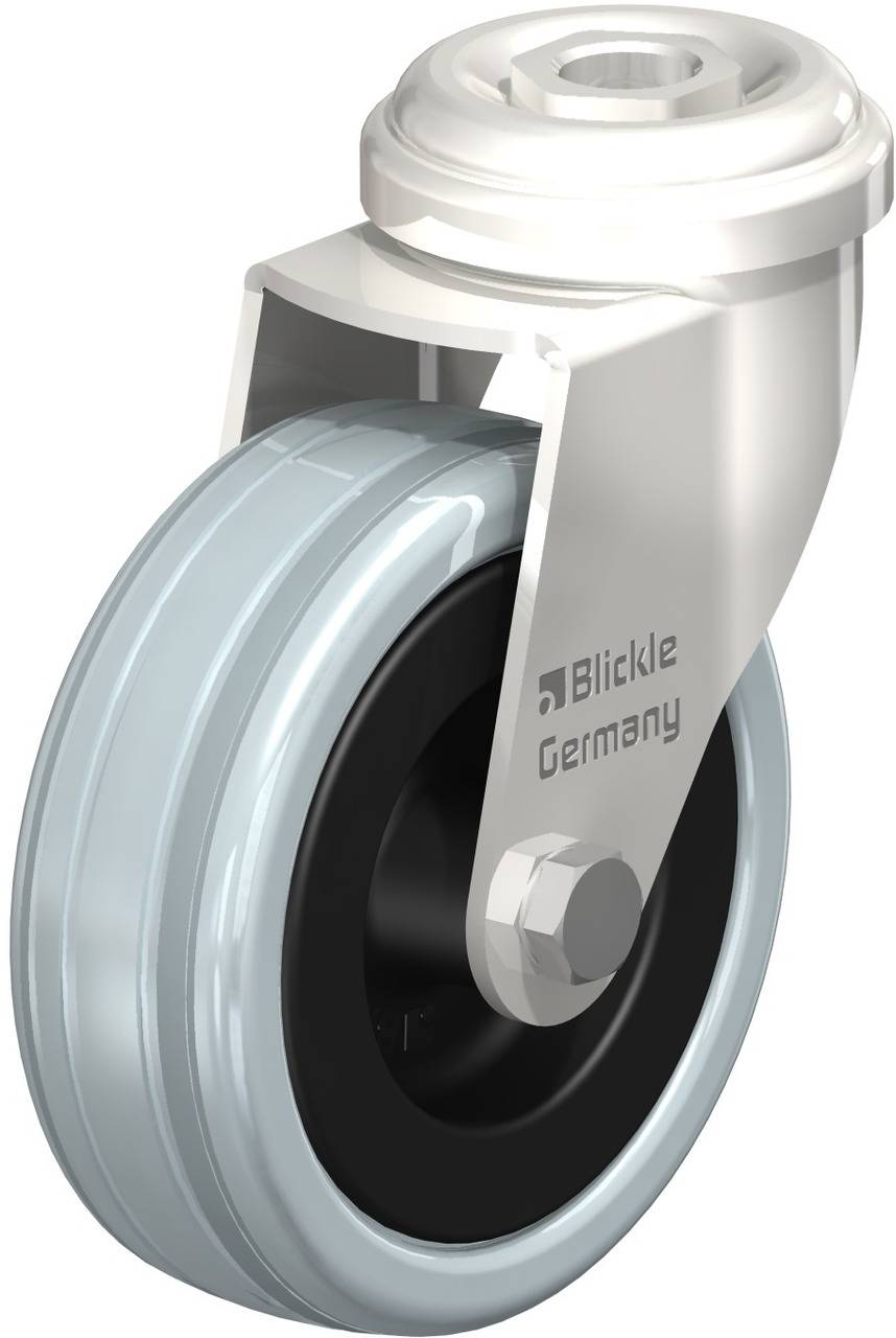 Metallisches Lenkrad mit weißem Rad und schwarzem Kern. Aufschrift 'Blickle Germany' auf der Halterung sichtbar.