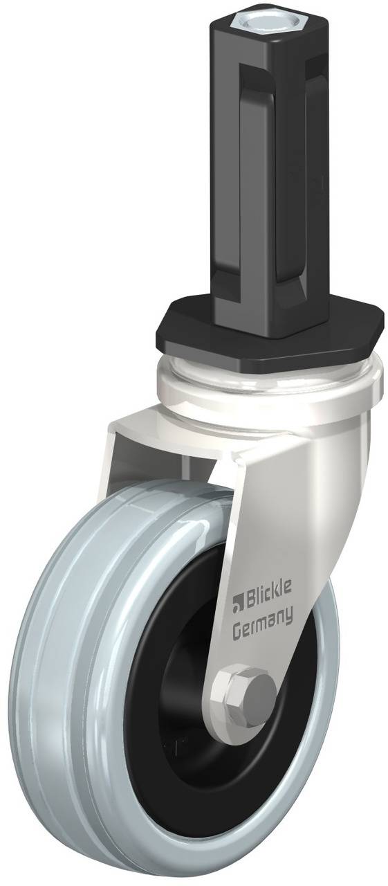 Metallrolle mit grauem Rad und schwarzem Halter, Aufschrift 'Blickle Germany'.