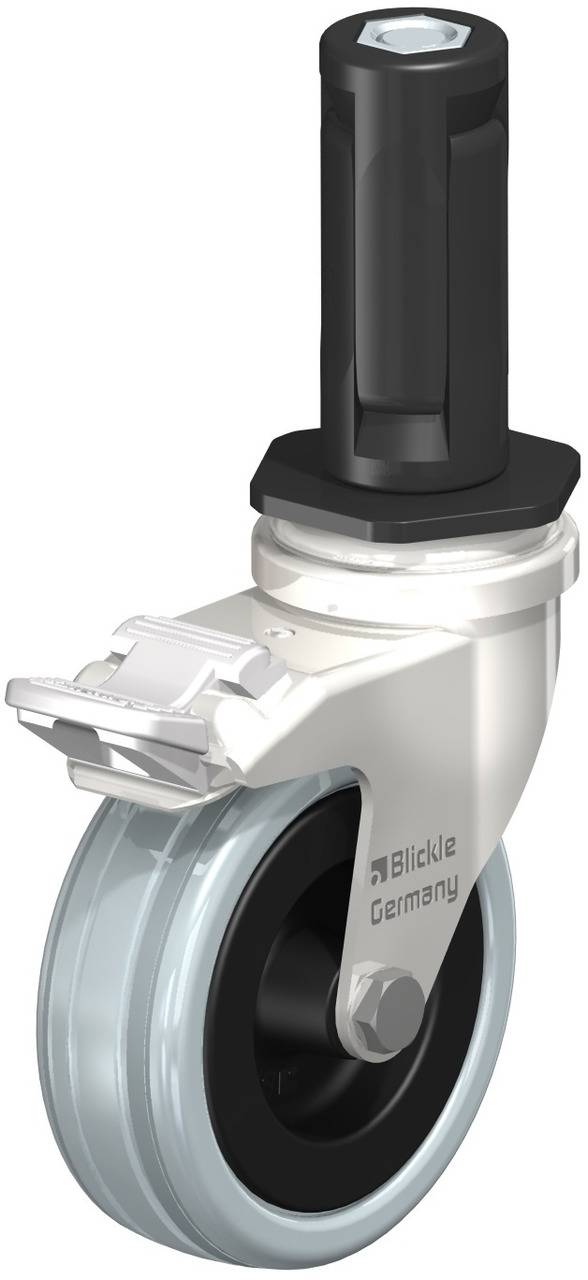 Industrielle Laufrolle mit schwarzer Halterung und grauem Rad. Geeignet für Transportgestelle und Möbel. Markenname aufgedruckt.