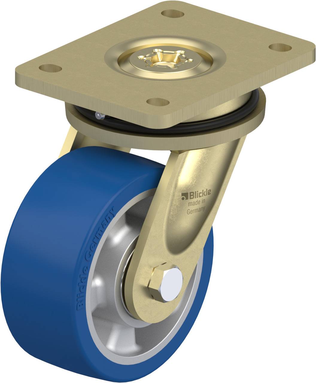 Schwenkrolle mit blauer Gummibereifung und stabiler Metallplatte, geeignet für industrielle Anwendungen und schwere Lasten.