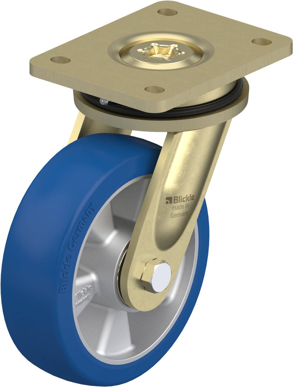 Industrielles Rad mit blauer Rolle und goldener Halterung, geeignet für Schwerlastanwendungen.
