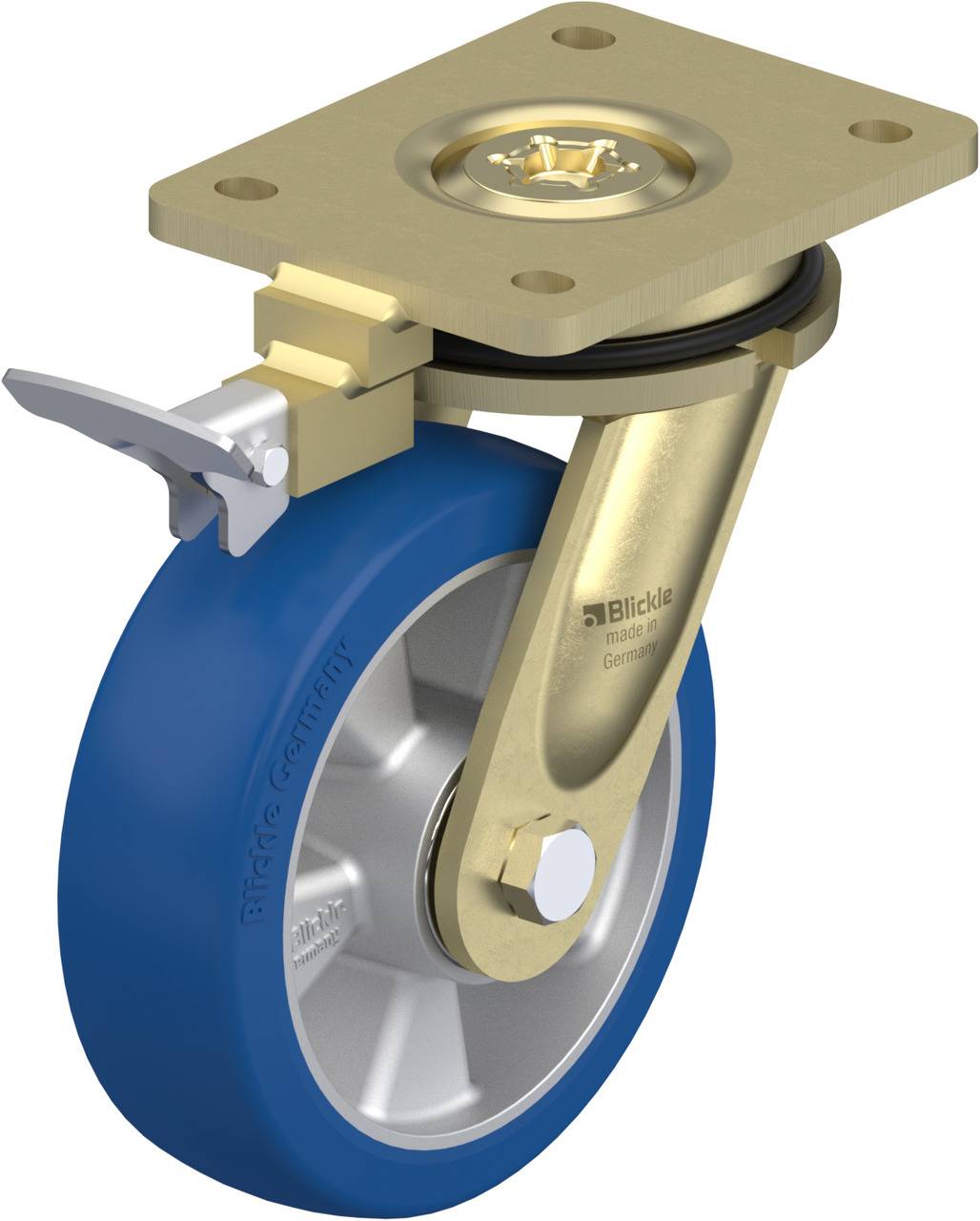 Eine drehbare Rolle mit blauer Gummibereifung und goldener Halterung, ausgestattet mit einem Feststeller.