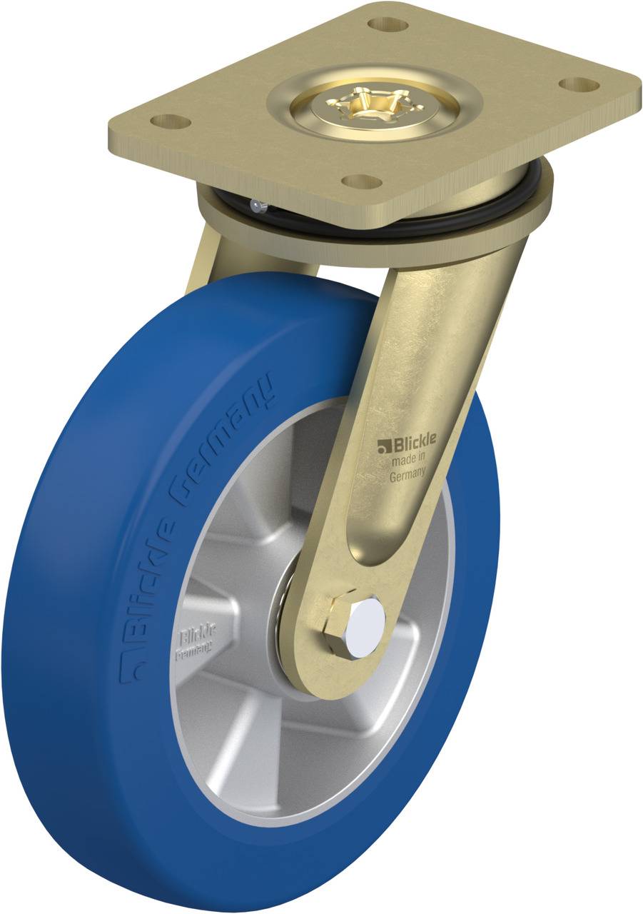 Blaues, schwenkbares Transportgerät-Rad aus Metall und Kunststoff, oben mit Montageplatte für Befestigung. Geeignet für schwere Lasten.