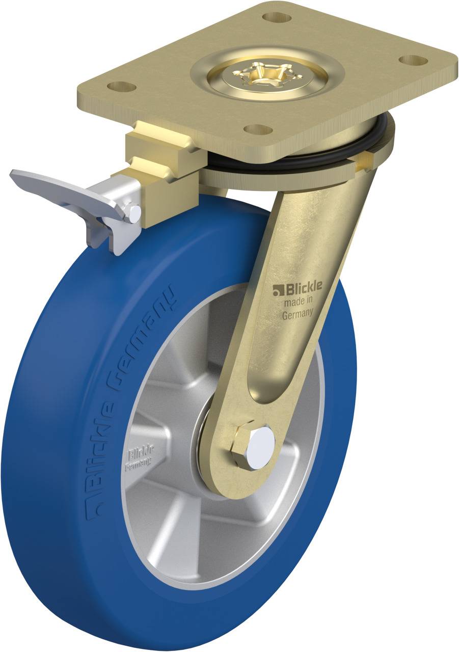 Blaues Gehäuserad mit Metallbackplatte und Bremshebel, geeignet für Transportgeräte und Industriemaschinen.
