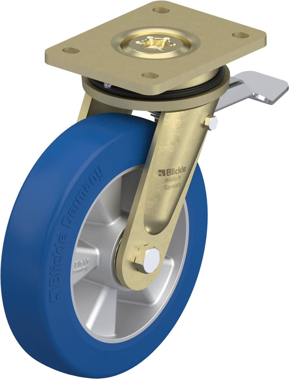 Ein blaues Rad mit grauem Felgenkern, montiert an einer goldenen Metallhalterung. Geeignet für industrielle Anwendungen.