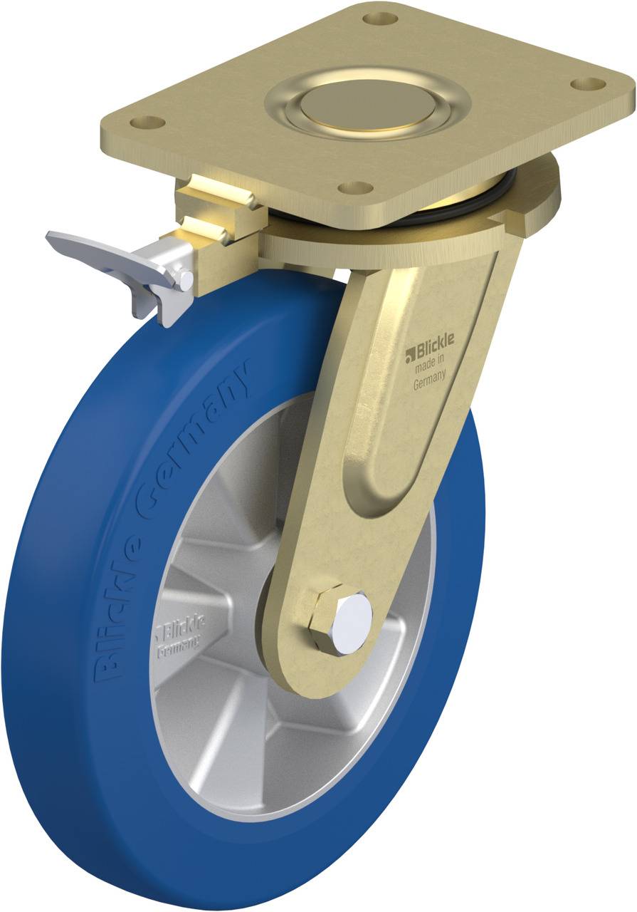 Drehbares Transportgerät mit blauem Rad und goldener Metallhalterung, geeignet für schwere Lasten.