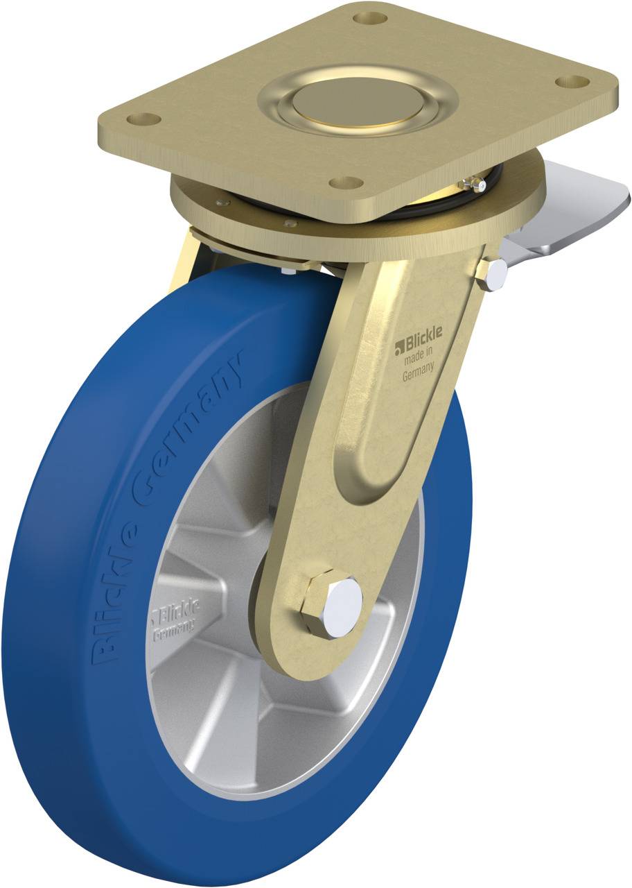 Rolle mit blauer Gummibereifung und goldener Metallaufhängung, geeignet für Industrieanwendungen; zeigt robuste Bauweise.