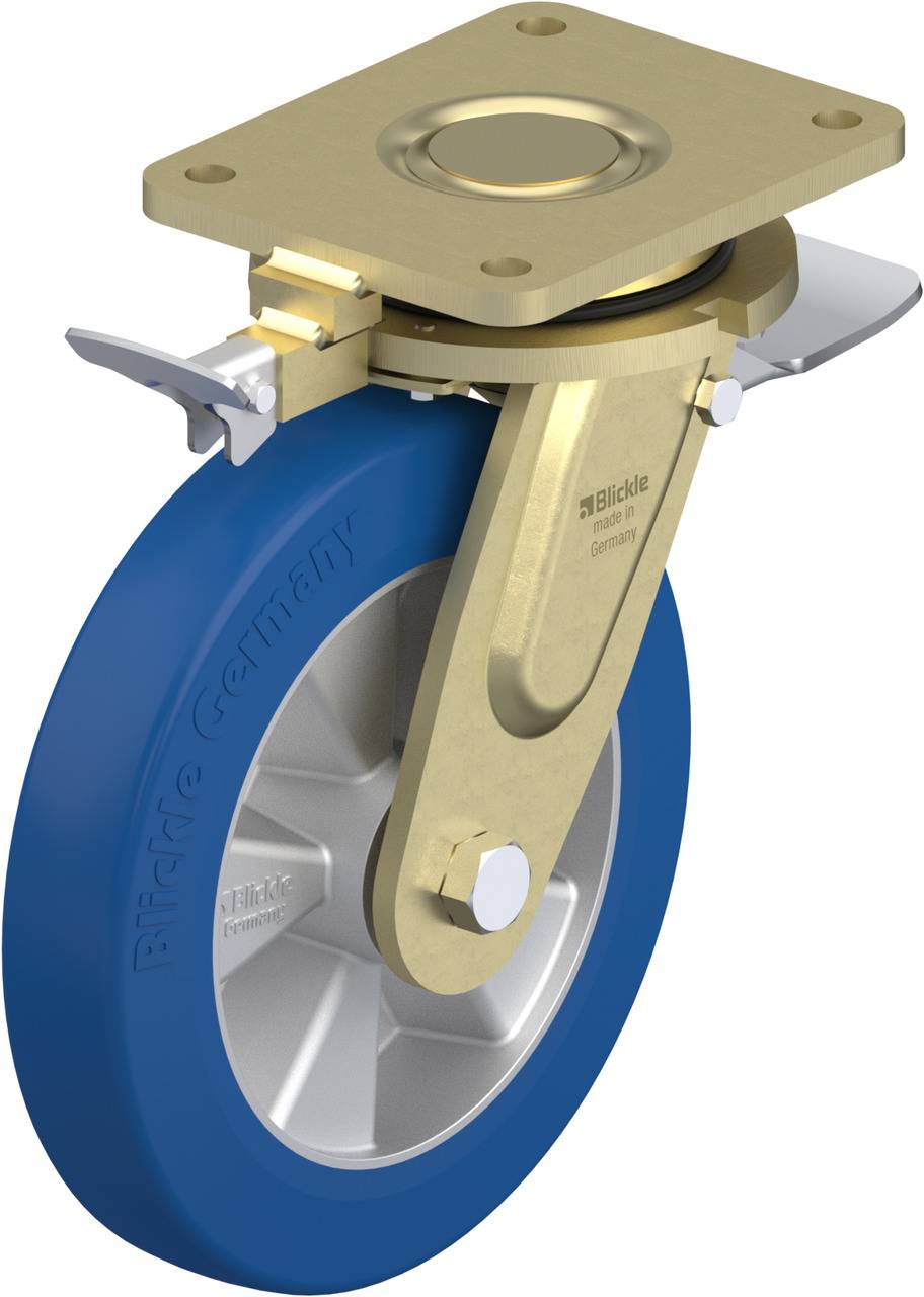 Das Bild zeigt ein blaues Rad mit einer goldfarbenen Halterung, das wahrscheinlich ein drehbares Rollenrad für Möbel oder Maschinen ist.