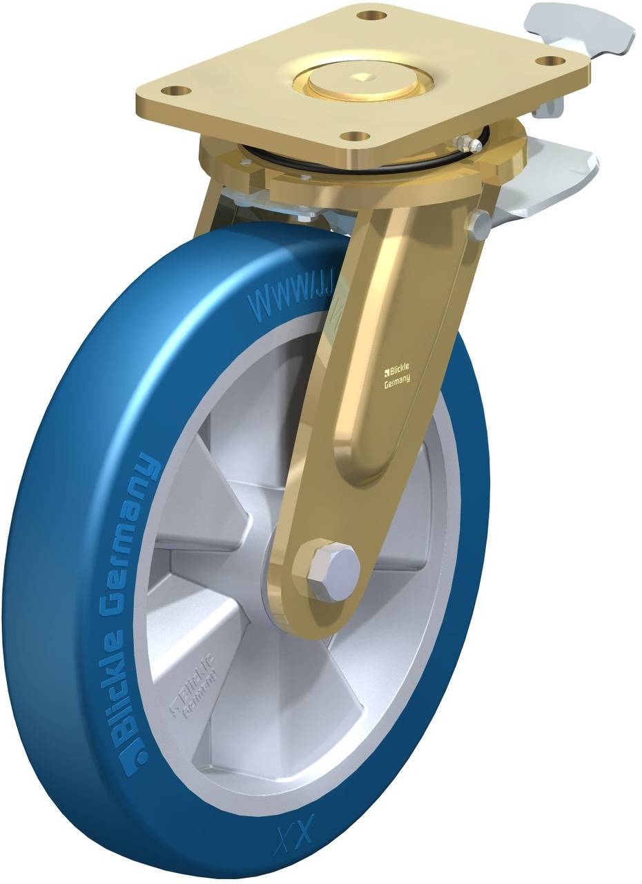 Schwenkrolle mit blauer Lauffläche und goldenem Gehäuse, geeignet für Transportgeräte. Markierung 'Blickle Germany' sichtbar auf Rad.