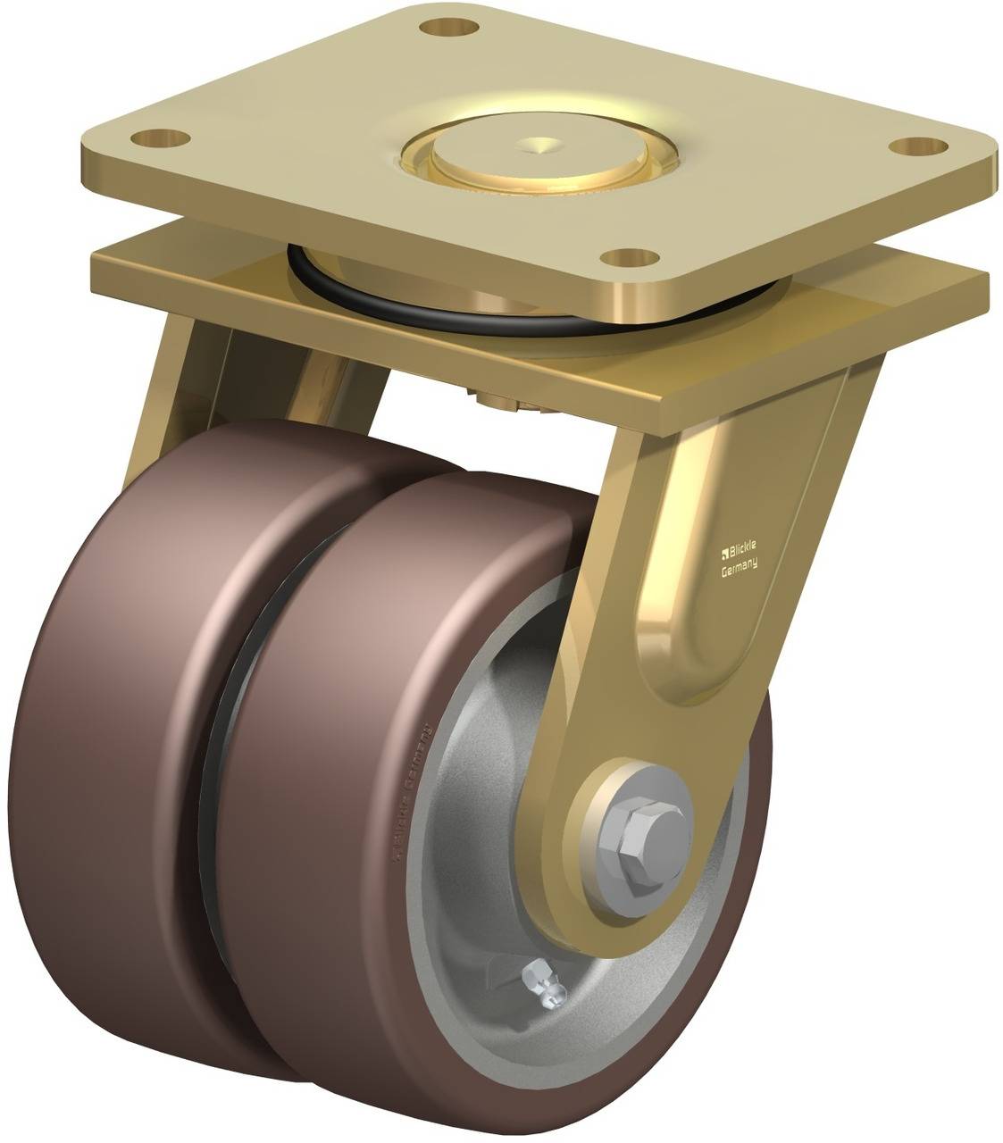 Ein industrielles Schwenk-Gehäuserad mit doppelter Rolle aus Metall und Gummi, goldfarben, für schwere Maschinen oder Möbel.