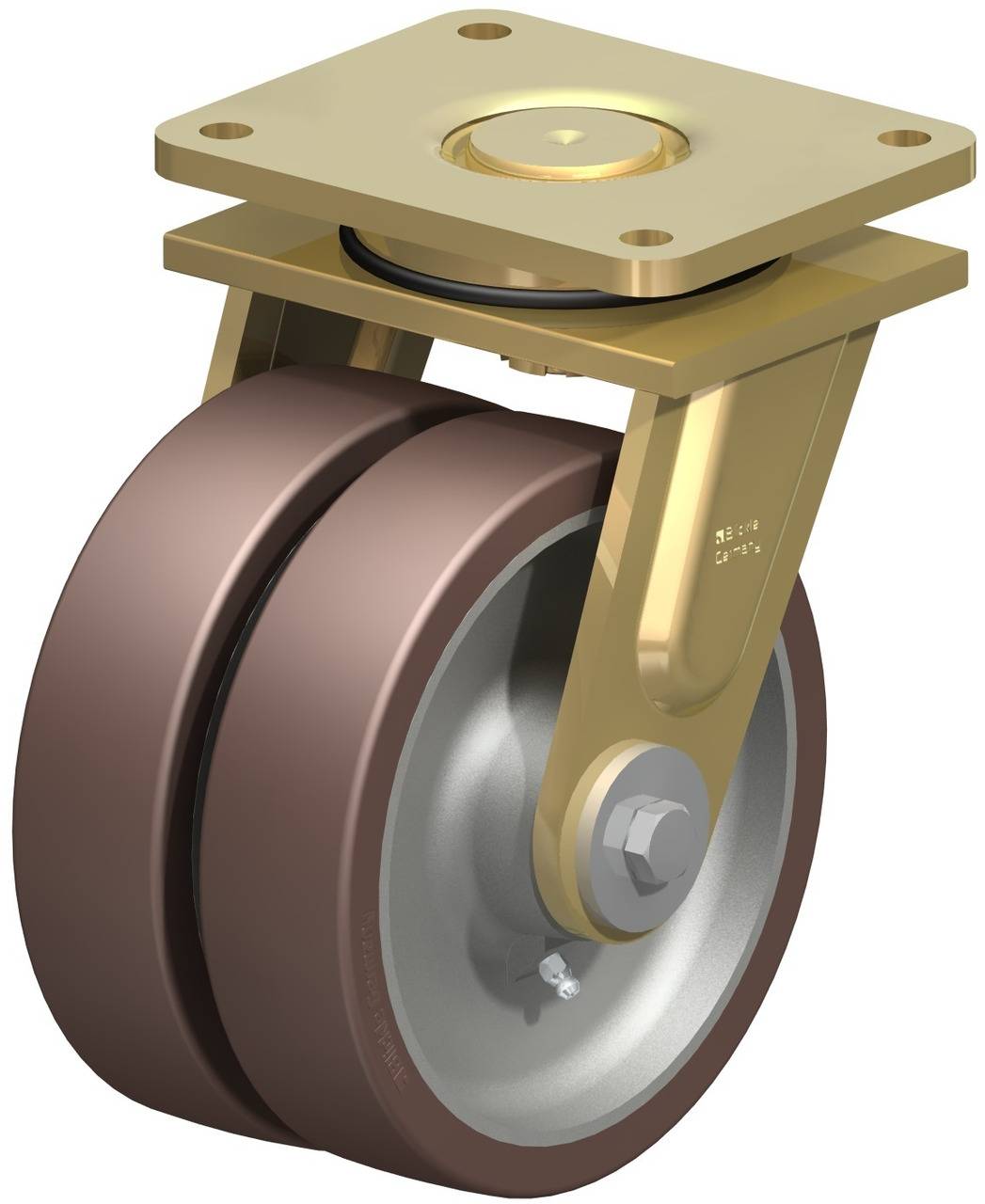 Schwenkrolle aus Metall mit braunem Rad; verwendet in Industrieanwendungen für Mobilität und Richtungskontrolle.