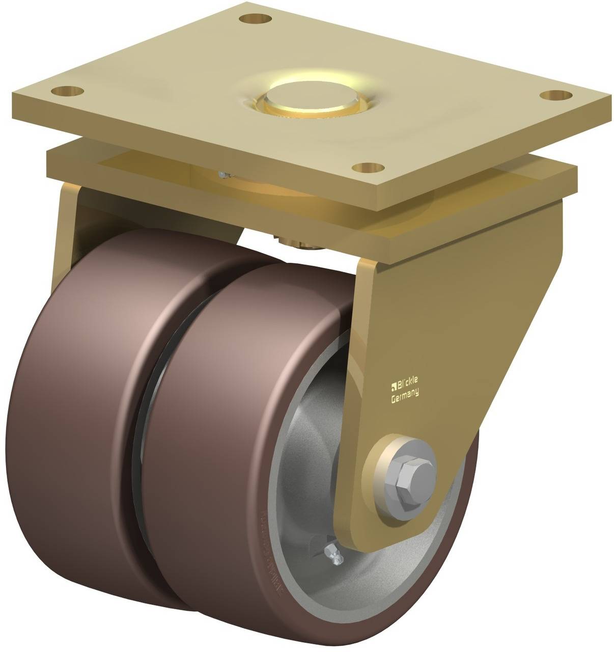 Schwenkrolle aus Metall mit zwei Rädern in Braun und einer Montageplatte in Gold. Dient zum Transport oder für Möbel.