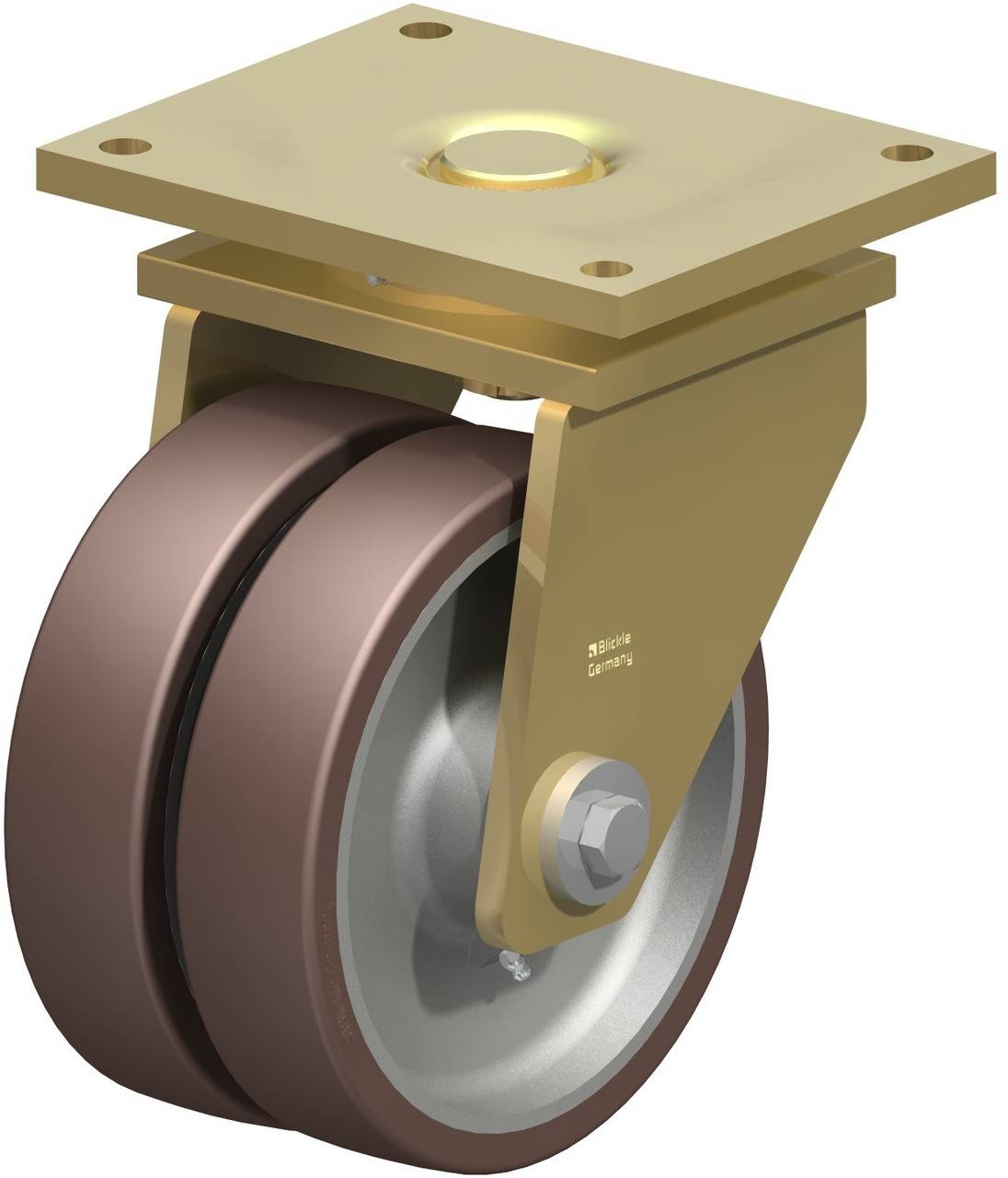 Ein industrielles, drehbares Lenkrollenrad aus Metall mit Befestigungsplatte. Geeignet für schwere Lasten und industrielle Anwendungen.