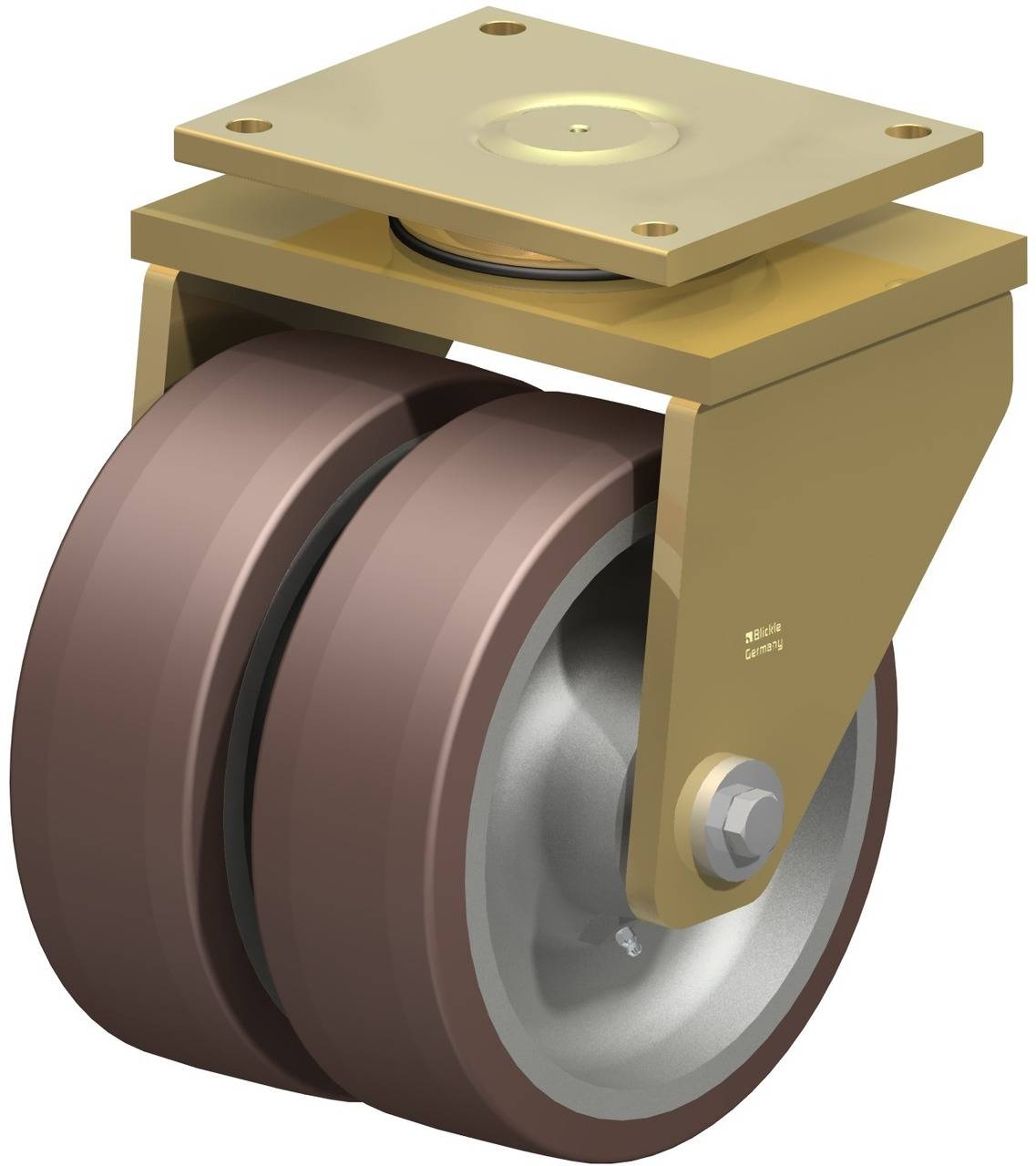 Schwenkrolle mit zwei parallel angeordneten Rädern aus Gummi, montiert in einem drehbaren Metallgehäuse.