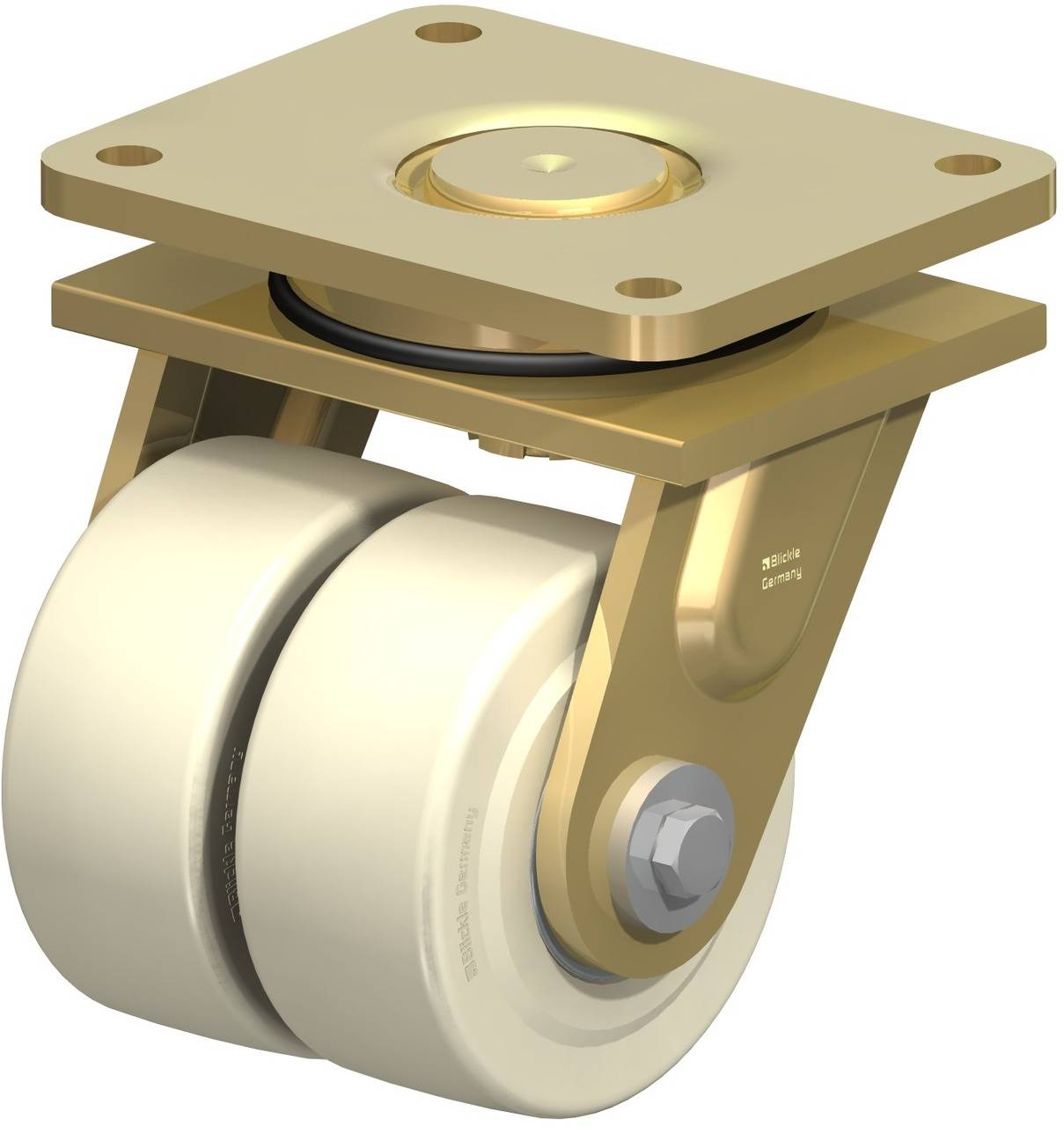 Doppellaufrad-Rolle mit Metallplatte und Schraube, geeignet für schwere Lasten. Die Rolle ist in neutralen Farben gehalten.
