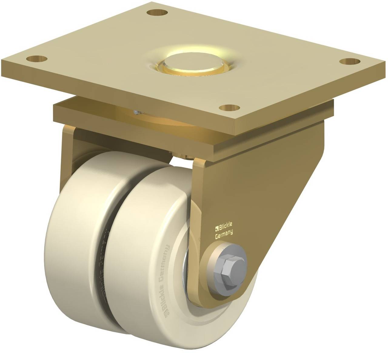 Doppelrolle aus Metall und Kunststoff mit Befestigungsplatte, in Gold und Weiß.