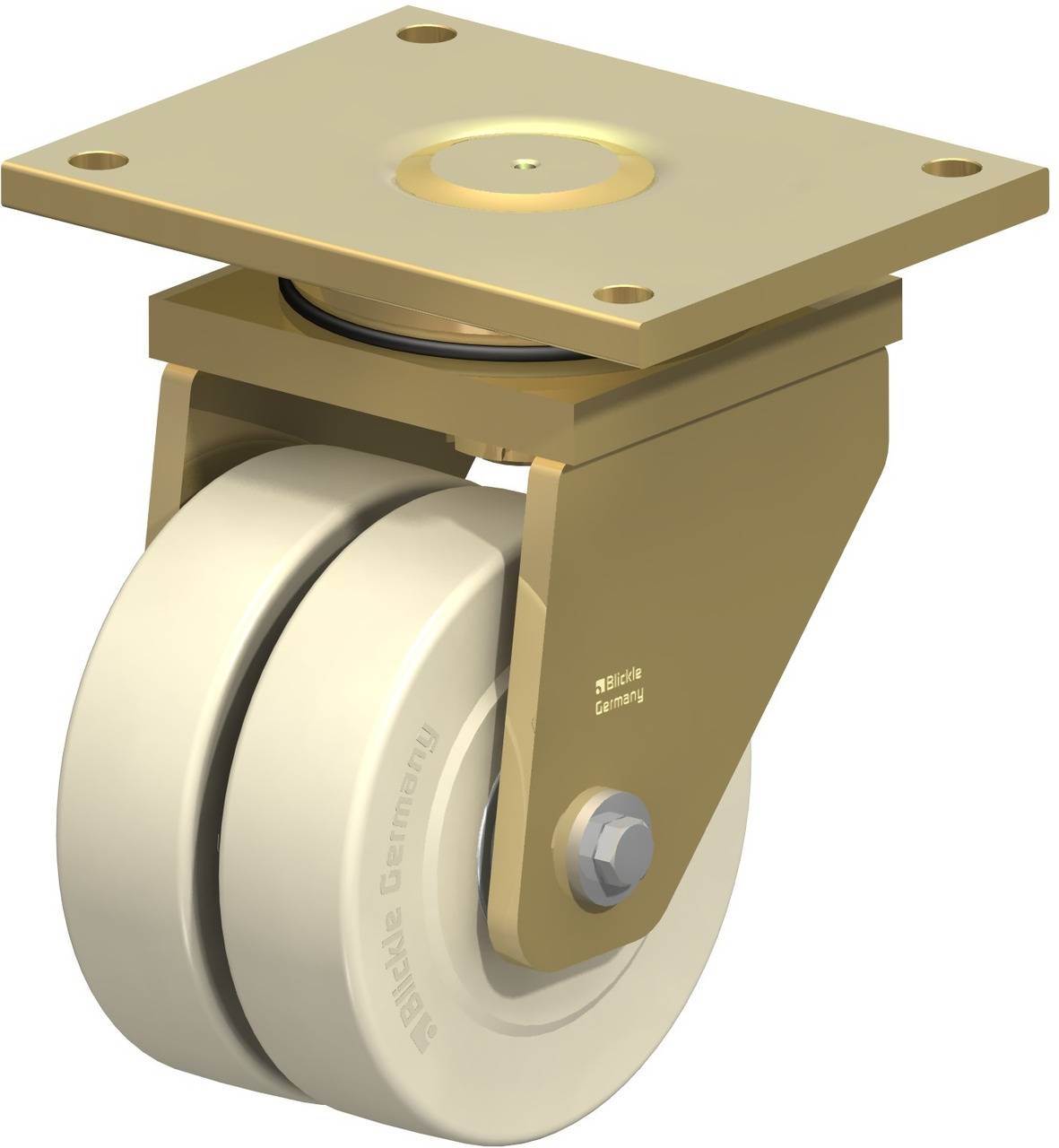 Doppelrolle mit goldener Halterung und Befestigungsplatte. Geeignet für schwere Lasten in industriellen Anwendungen.