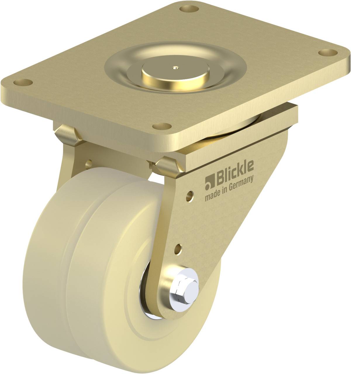 Ein goldenes Lenkrollenrad mit rechteckiger Montageplatte und doppeltem Rad, markiert mit 'Blickle made in Germany'.
