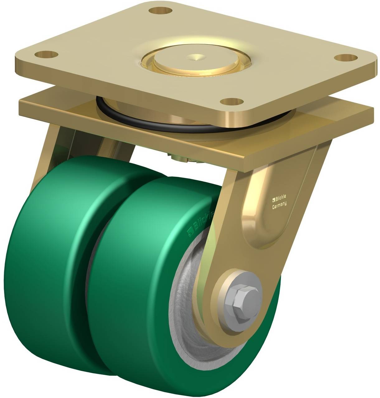 Metallenes Doppelrollen-Lenkrollenrad mit goldener Halterung und grünen Rädern, für schwere Lasten und industrielle Anwendungen geeignet.