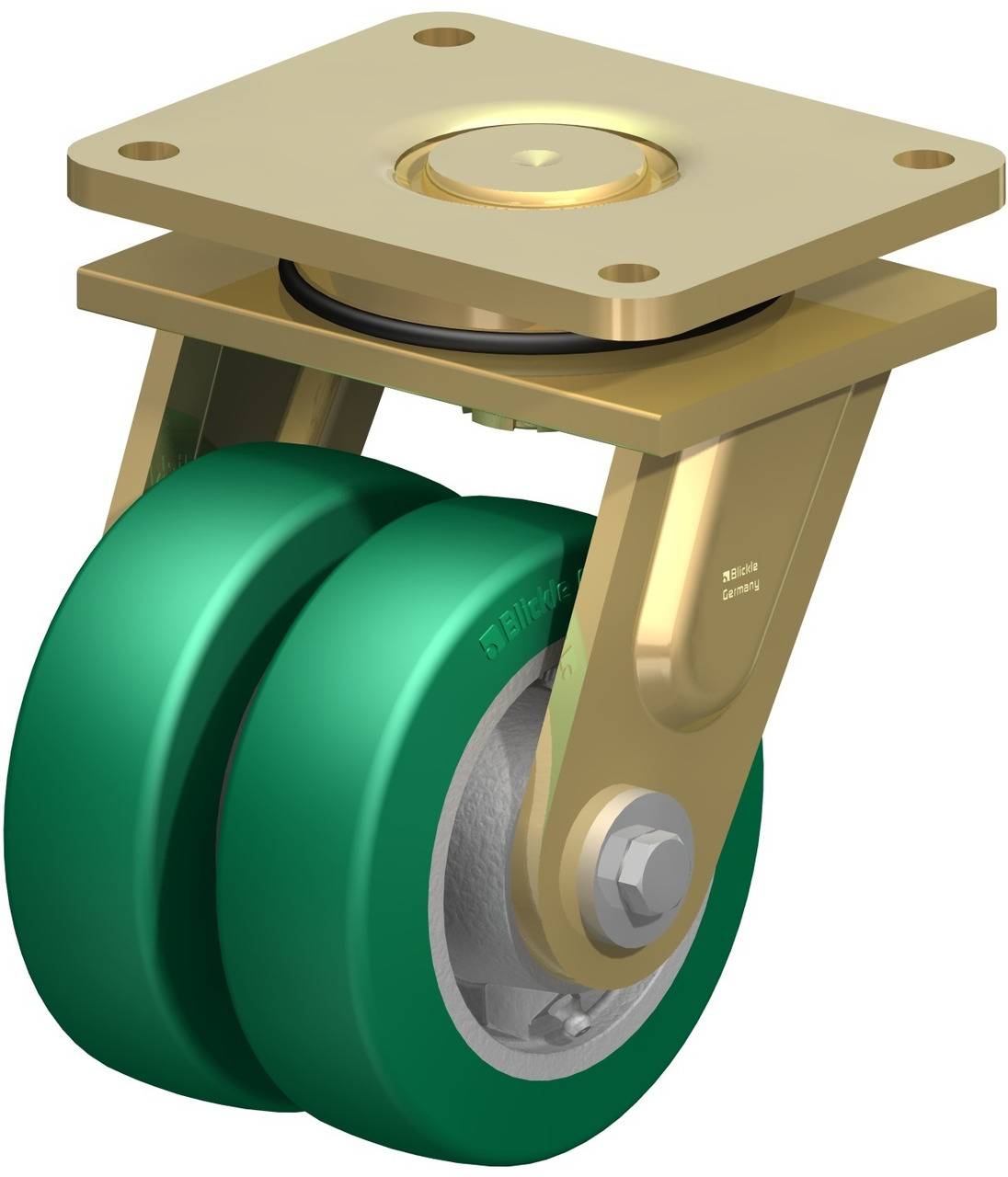 Industrielles Doppelrad mit grünem Gummi und goldener Halterung, zur Befestigung an Geräten.