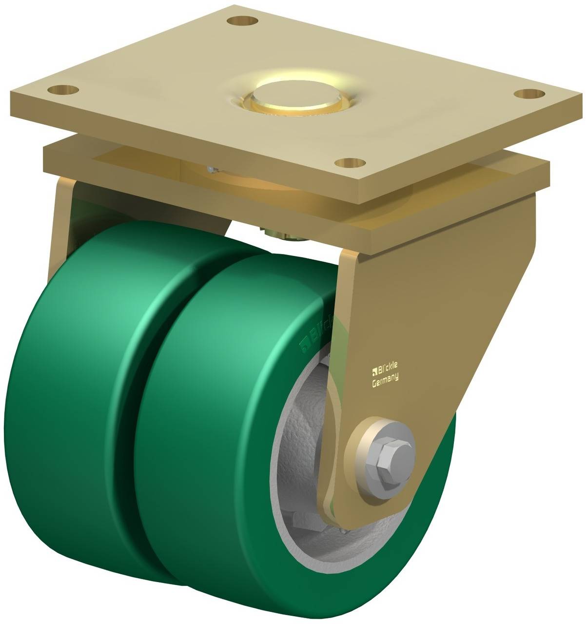 Doppelte grüne Industrierolle mit goldener Befestigungsplatte. Entwickelt für schwere Lasten, robust und zuverlässig in der Anwendung.