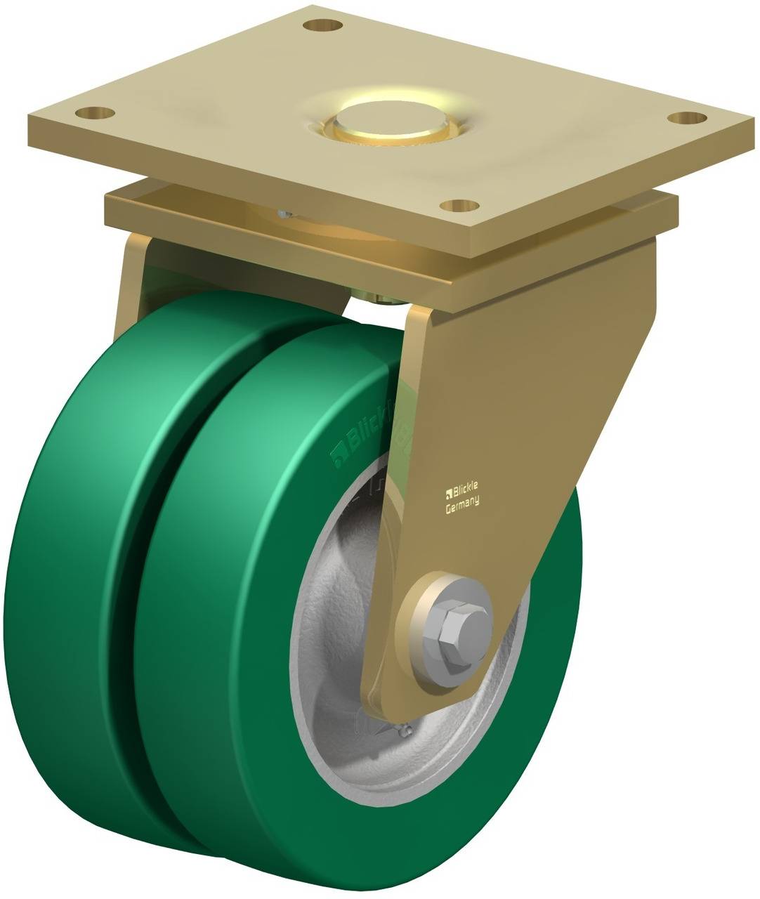 Doppelrolle mit grünen Rädern, befestigt an einem goldenen Metallträger mit quadratischer Montageplatte.